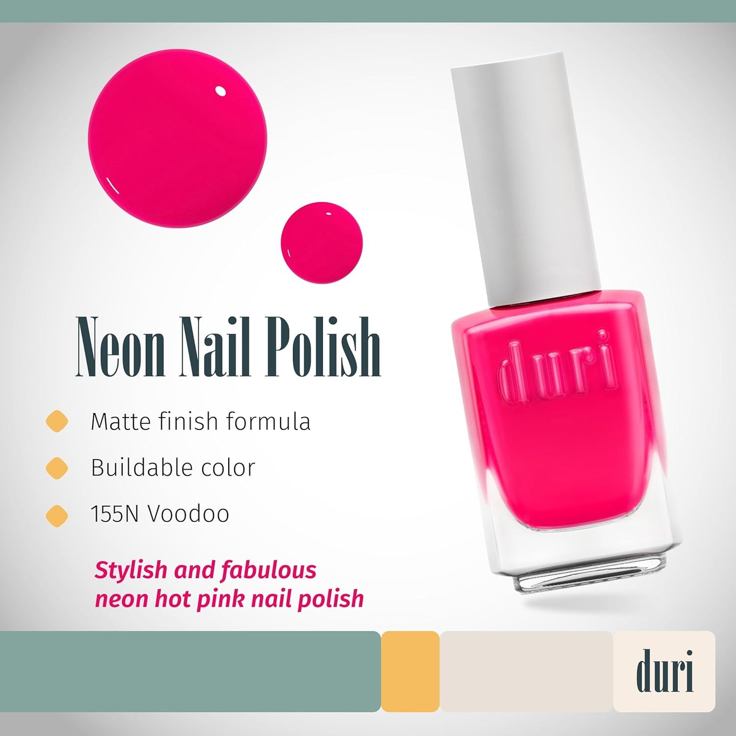 duri 155N Voodoo - Neon Hot Pink Nail Polish, Matte Finish, Quick Drying, 0.45 Fl Oz