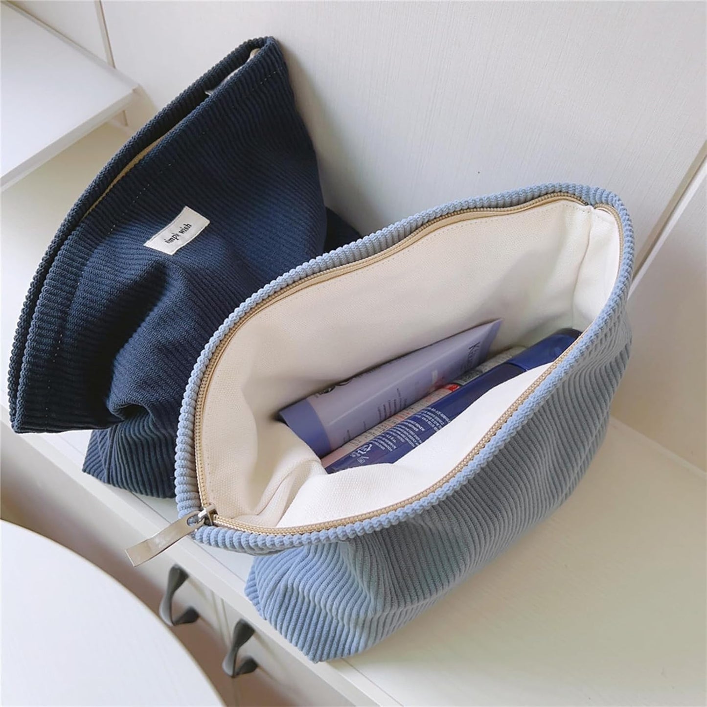 Wudygirl Makeup Bag Portable Cosmetic Bag Travel Makeup Pouch for Women and Girls Large Capacity Corduroy Travel Toiletry Bag (Light Blue)