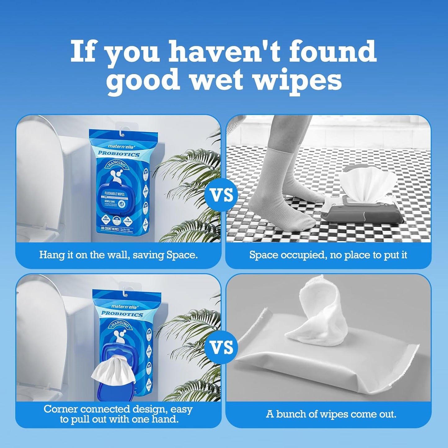 matern'ella Hanging Flushable Wipes Unscented Extra Large Corner-Connected Wet Wipes Adult Plant Based Fibers with Probiotics Alcohol Free Sewer Safe Butt Wipes Travel 8 Packs 640 Wipes