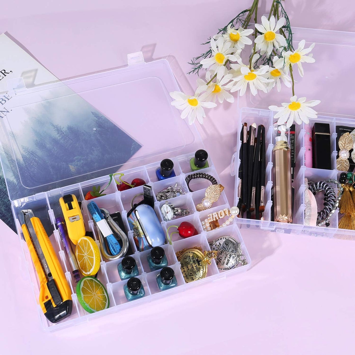 2 Pack 36 Grids Bead Organizer Box, Plastic Craft Organizers and Storage with Adjustable Dividers, Screw, Parts & Tackle Box for Jewelry Making, Art Supplies and Rock Display Case