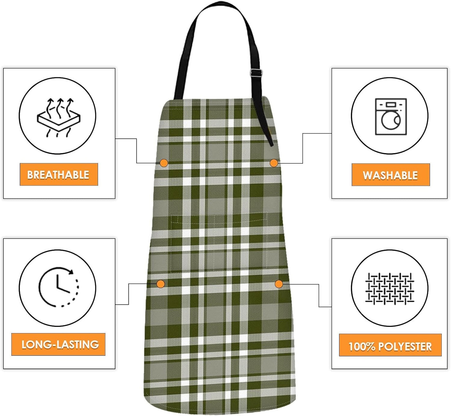 2 Pack Aprons, Plaid Check Grid Adjustable Bib Aprons with 2 Pockets for Women Men Couple Lovers Chef Home Kitchen Cooking Baking Gardening Dark Brown Green Apron 32x28 Inches