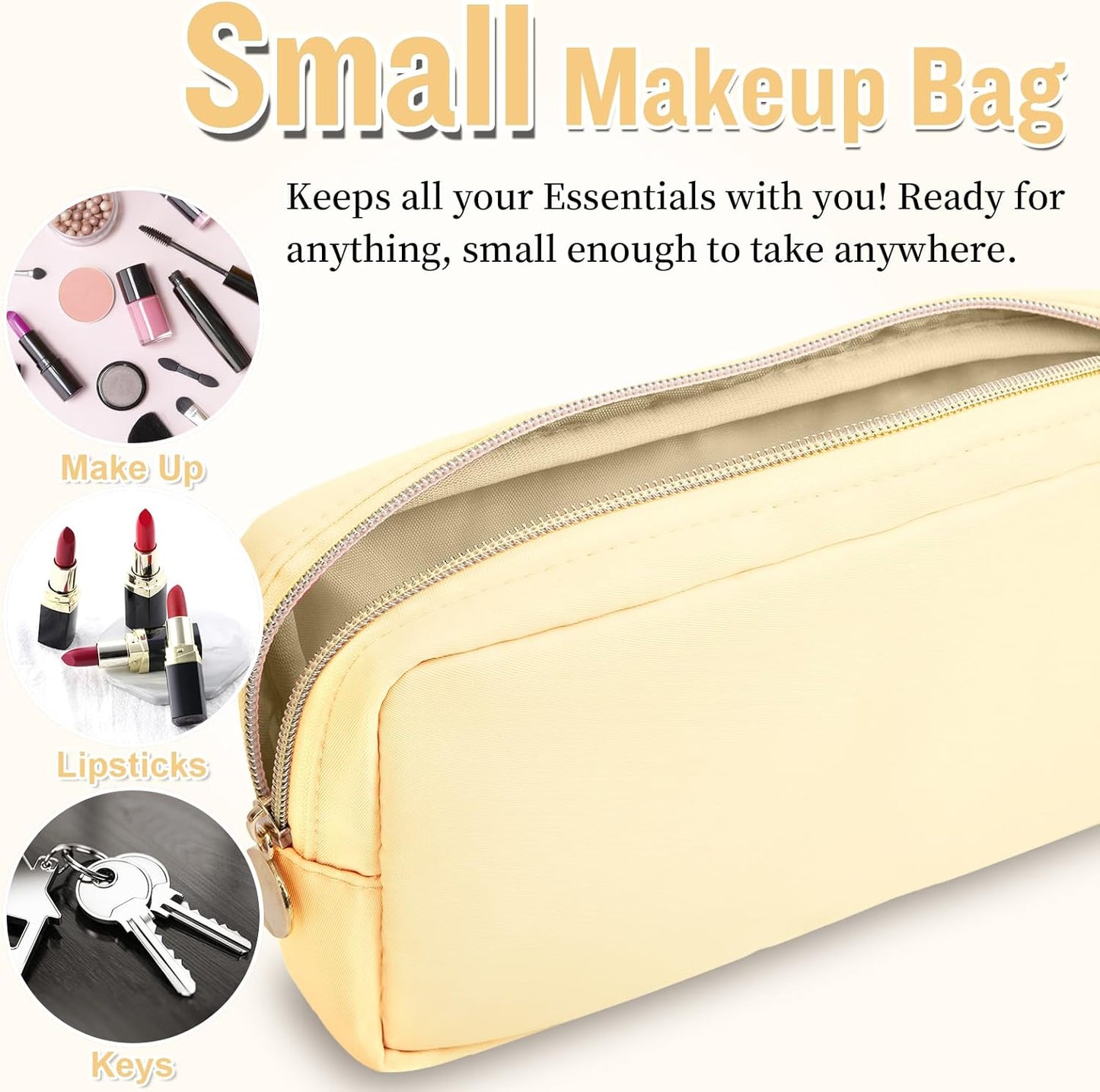 Nylon Small Makeup Bag for Purse, Cute Preppy Makeup Bag Cosmetic Zipper Pouch Purse, Waterproof Portable Travel Toiletry Bag Coin Pouch Clutch Makeup Brush Bag Organizer Storage for Women Men(Beige)