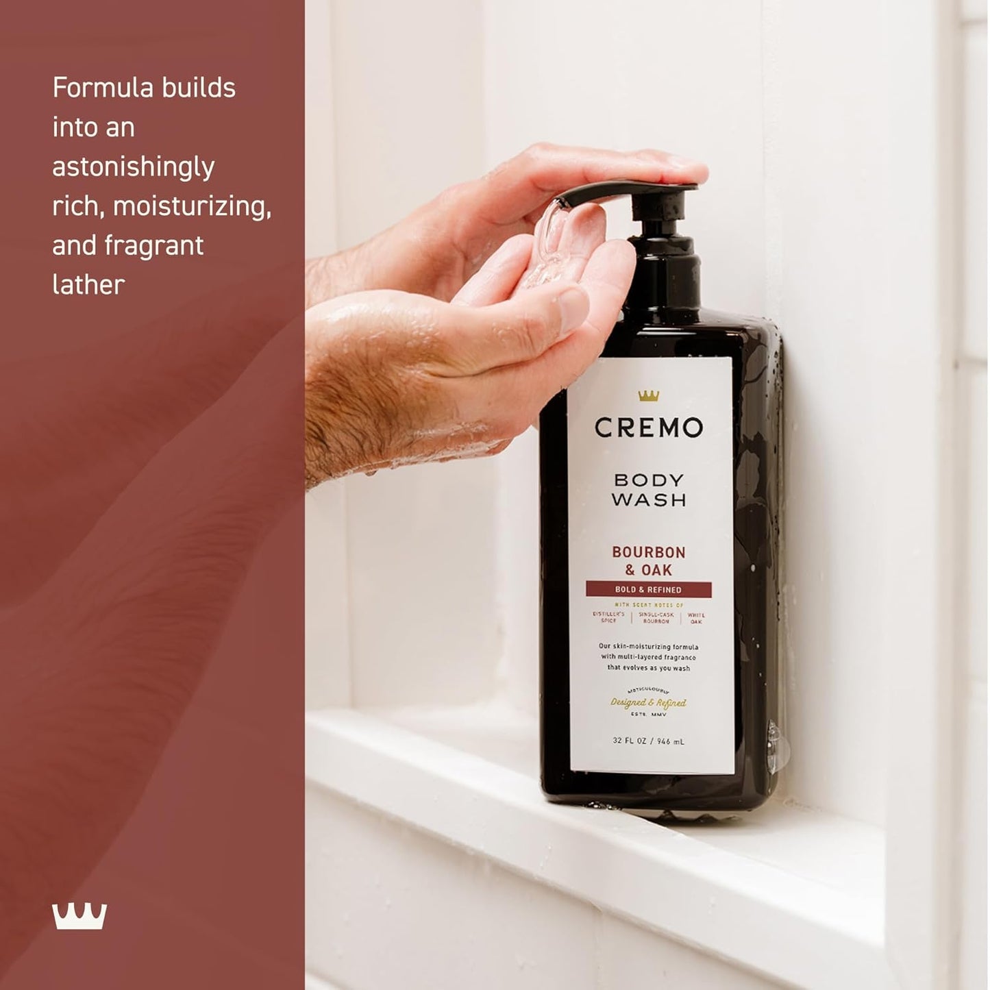 Cremo Rich-Lathering Bourbon & Oak Body Wash for Men, Notes of Distillers Spice, Fine Bourbon and White Oak, 32 Fl Oz