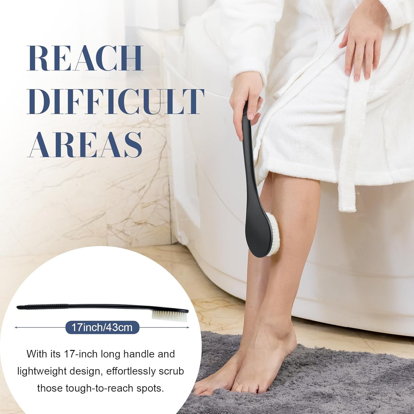 Back Scrubber for Shower, Shower Body Brush for Cleaning with Long Handle for Showering, 17 Inch Back Washer Exfoliator for Shower Men Women with Non-Slip Handle, Adhesive Hook (Black)