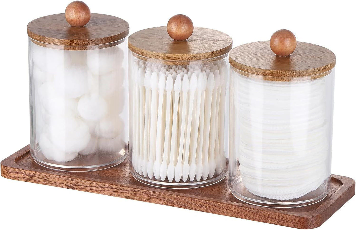 Tbestmax Qtip Holder with Vanity Tray, Clear Bathroom Containers Dispenser for Storage Cotton Swab/Ball/Pad Holder Wood Lids