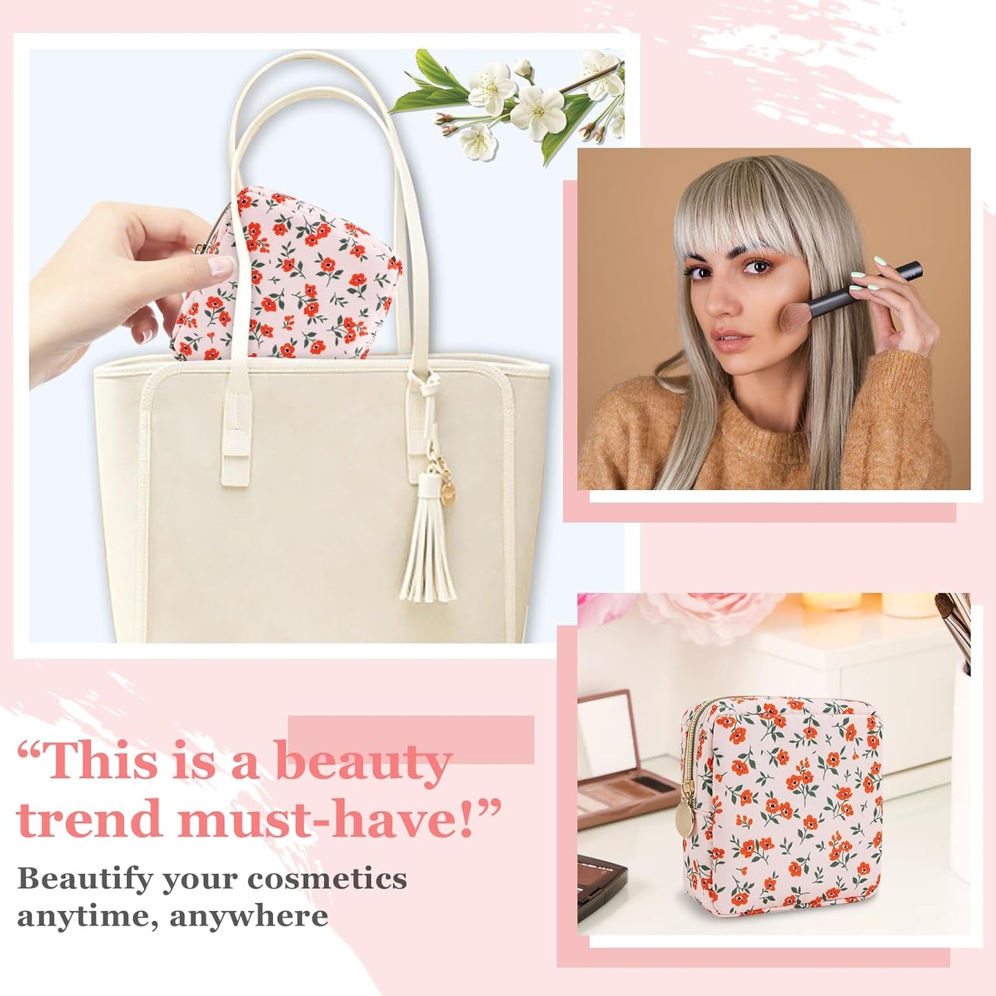 Nylon Mini Floral Makeup Bag for Purse, Small Cute Pink Makeup Bag Preppy Flower Cosmetic Zipper Pouch, Waterproof Travel Coin Pouch Sanitary Napkin Storage Bag Makeup Organizer for Women(Pink-Floral)