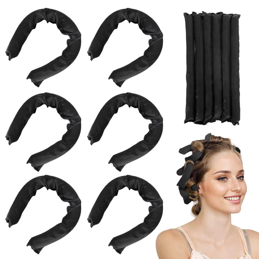 Black Satin Covered Heatless Overnight Curling Rods for Curls and Straight Short Hair - 6Pcs