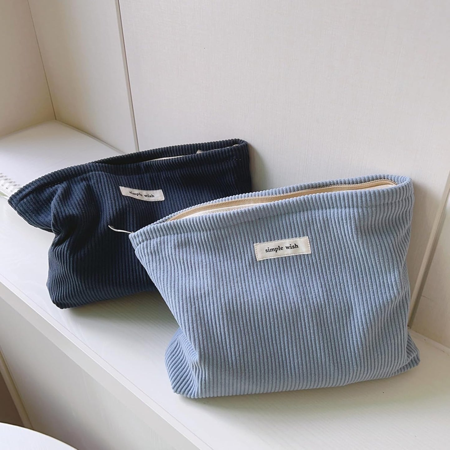 Wudygirl Cosmetic Bags for Women Travel Makeup Bag Aesthetic Women Handbags Purses Large Capacity Corduroy Toiletry Bag Zipper Pouch(Navy Blue)