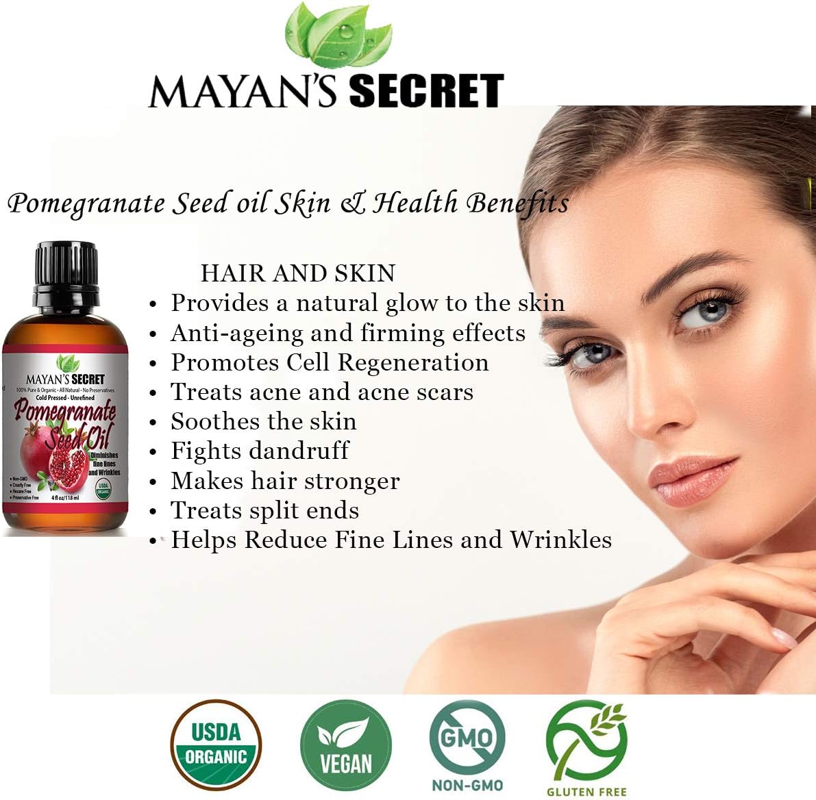 Mayan's Secret Pure Carrier and Essential oils for Skin Care, Hair, Body Moisturizer for Face-Anti Aging Skin Care (Pomegranate Seed Oil (Not Organic), 4oz)