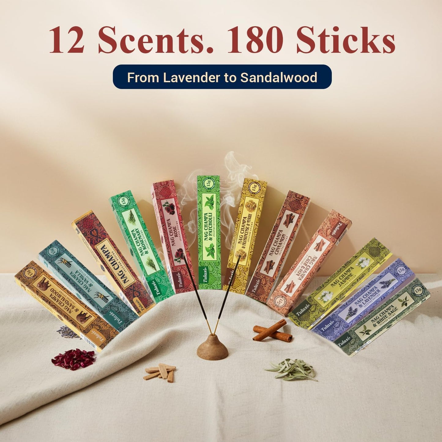 Nag Champa Incense Sticks with Natural Oils, Assorted Incense Set of 12 Scents - Lavender, Rose, Sandalwood, Vanilla, White Sage, Cinnamon, Rosemary etc, Positive Aroma for Meditation, Yoga & Prayer