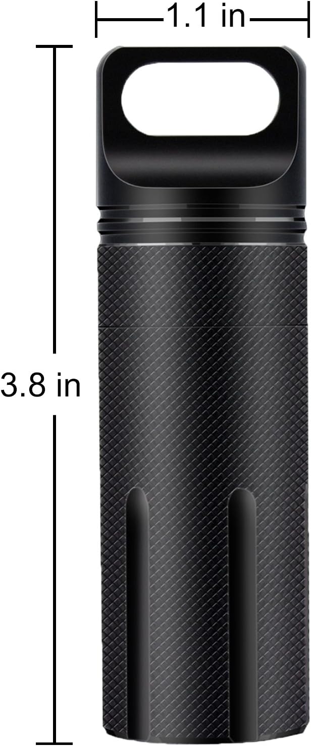 SHD Outdoor EDC Pill Box Container,Black Aluminum Alloy Single Chamber Capsule Waterproof Pill Holder Case for Hiking Camping