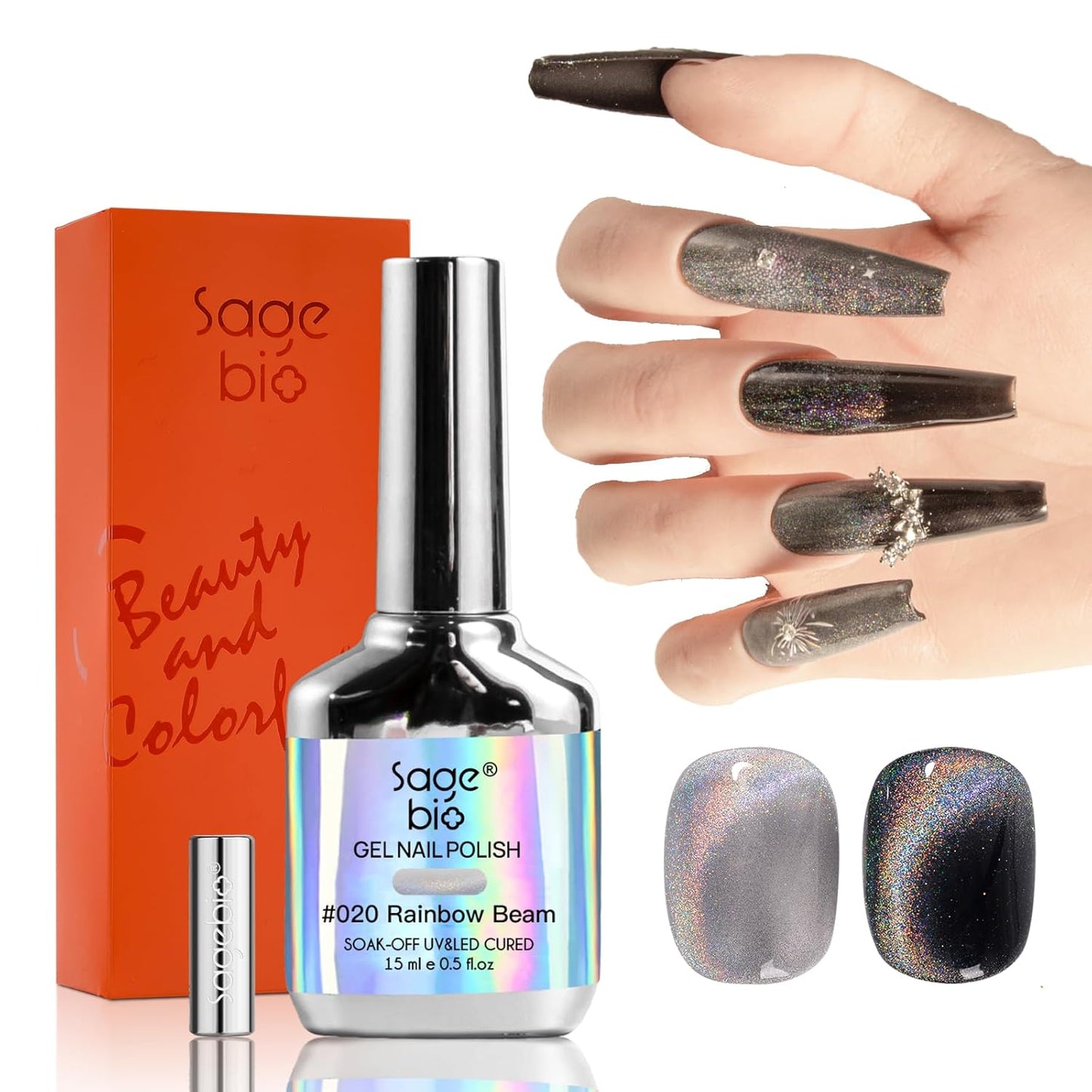 Cat Eye Gel Nail Polish with Magnet Stick, 15ml Magnetic Gel, Create Stunning Cat Eye Effects for DIY Manicures, Long-Lasting, Salon-Quality Finish, Rainbow Beam