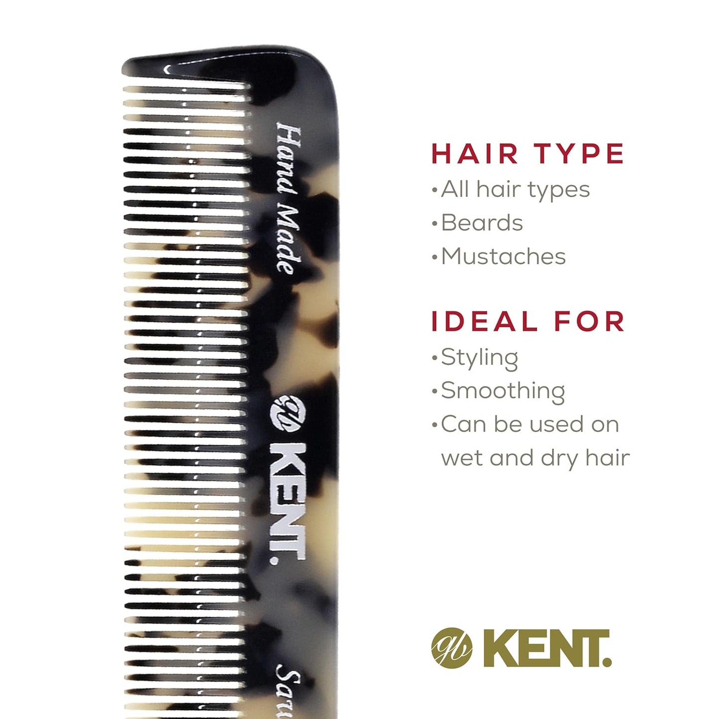Kent FOT TW Fine Tooth Comb for Men - Handmade Pocket Comb for Travel, Styling, Fine or Thinning Hair, Mustache and Beard Care Handpolished Saw-Cut Made in England