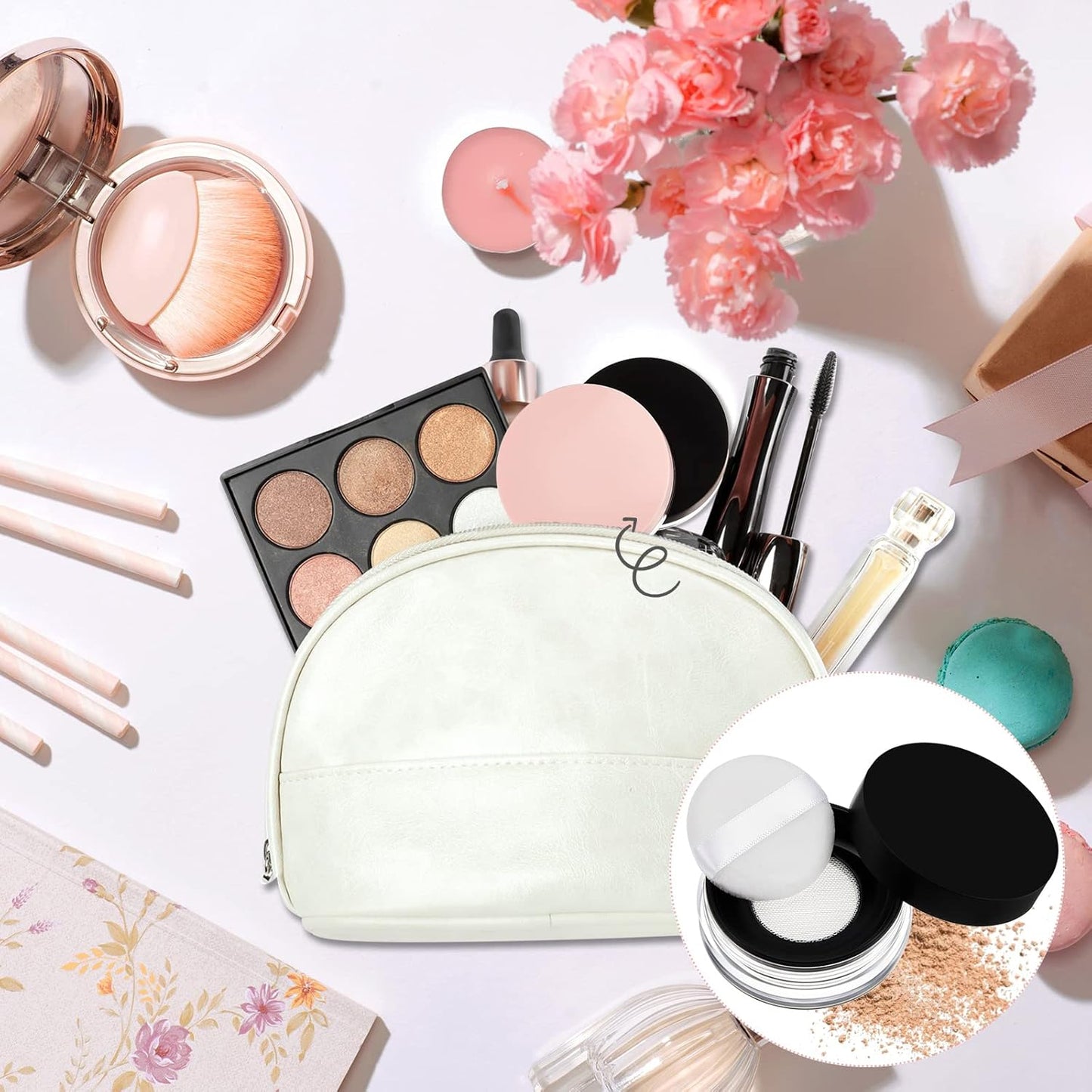 Tessco 4 Pcs 10ml/0.34oz Dusting Powder Containers with Puff Portable Loose Powder Container Reusable DIY Empty Makeup Container No Leak Travel Compact Case with Sponge Puff Elastic Net Sifter