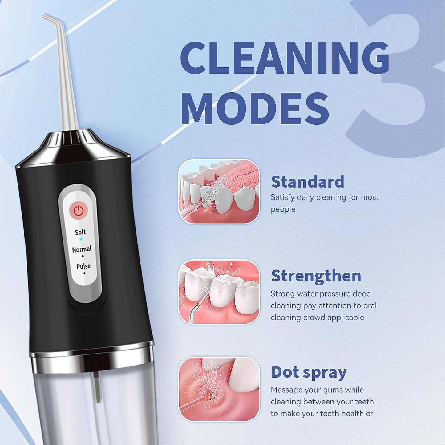 Water-Flosser-Cordless-Teeth-Cleaner Water Dental Flosser with 3 Modes 4 Jets Rechargeable IPX7 Waterproof for Travel Home Braces(Black)