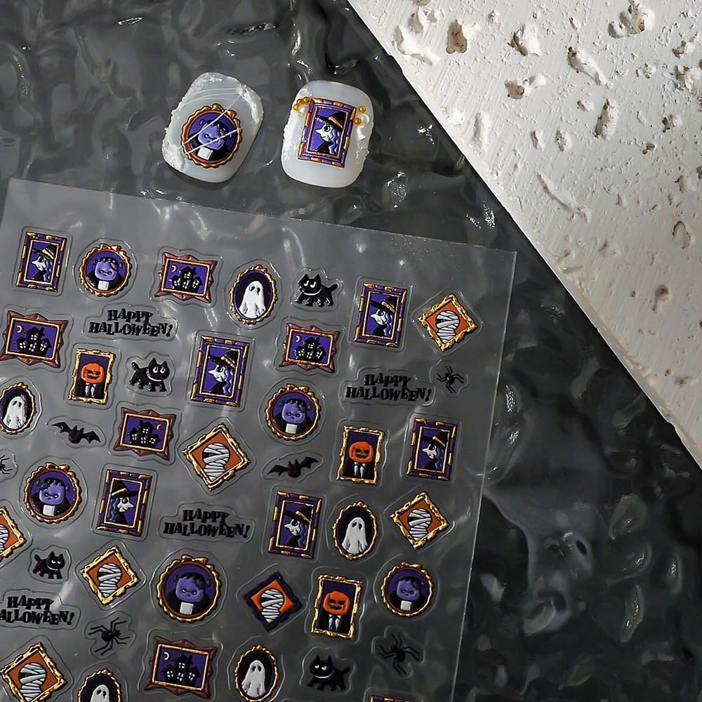 Halloween Nails Stickers Ghost with Frame Nails Sticker 3D Embossed Purple Mummy Self Adhesive Sticker Nail Decals Black Bat Nail Art Decal Halloween Decals for Nail DIY Manicure 1Sheet