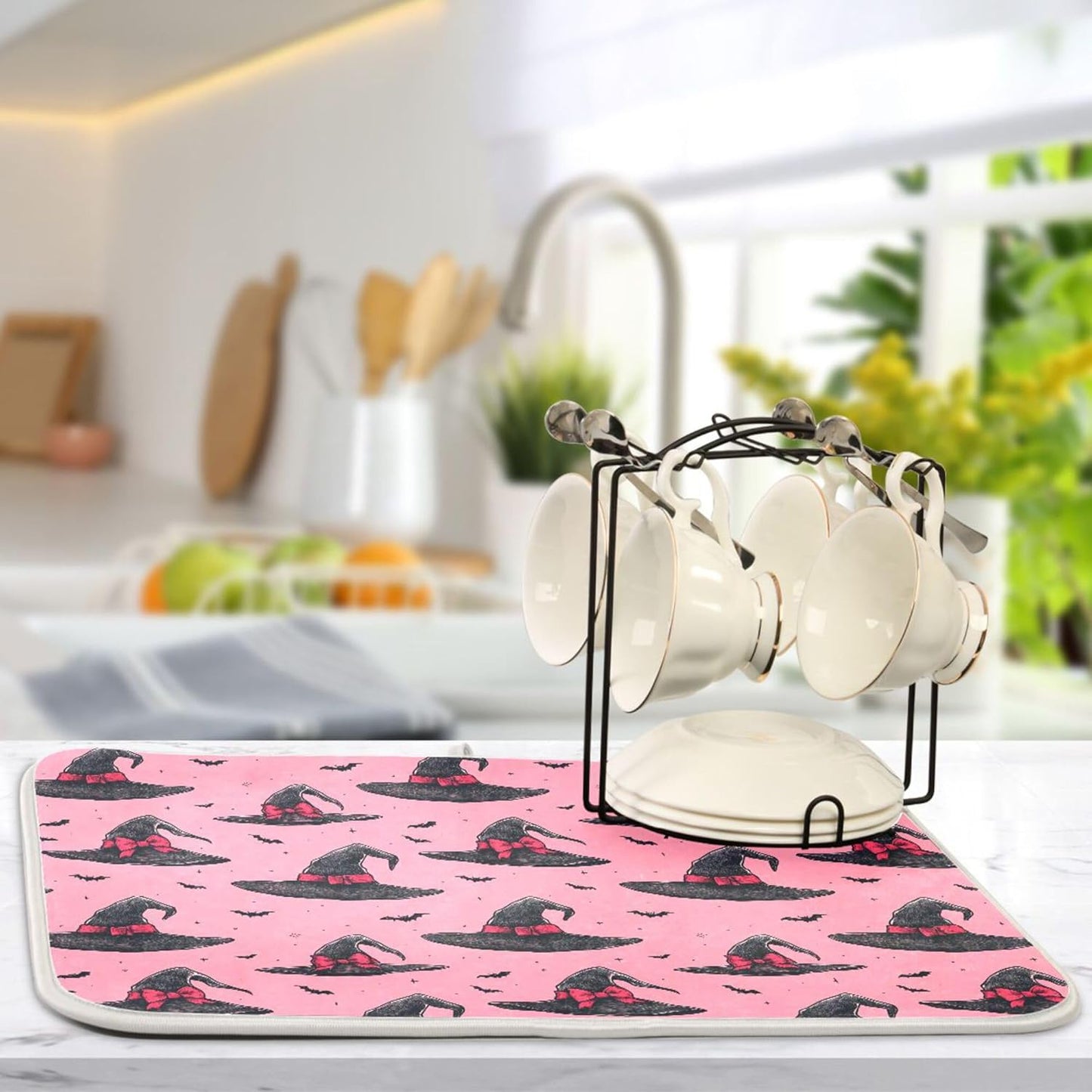 Witch Bow Hot Pink Dish Drying Mat for Kitchen Countertop 18x24 Halloween Bowknot Bat Large Drying Mat Reusable Quick Dry Dish Sink Mats Easy Clean Decorative Essentials