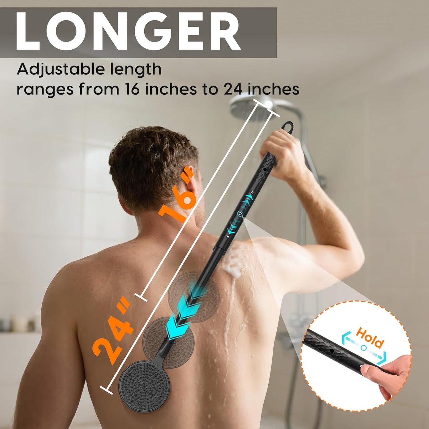 Silicone Back Scrubber for Shower, 24in Adjustable Handle Body Brush, Double Sided Shower Brush for Shower Exfoliating and Massage Can Produce Rich Foam, Long Handle Back Scrubber for Men （Circular）