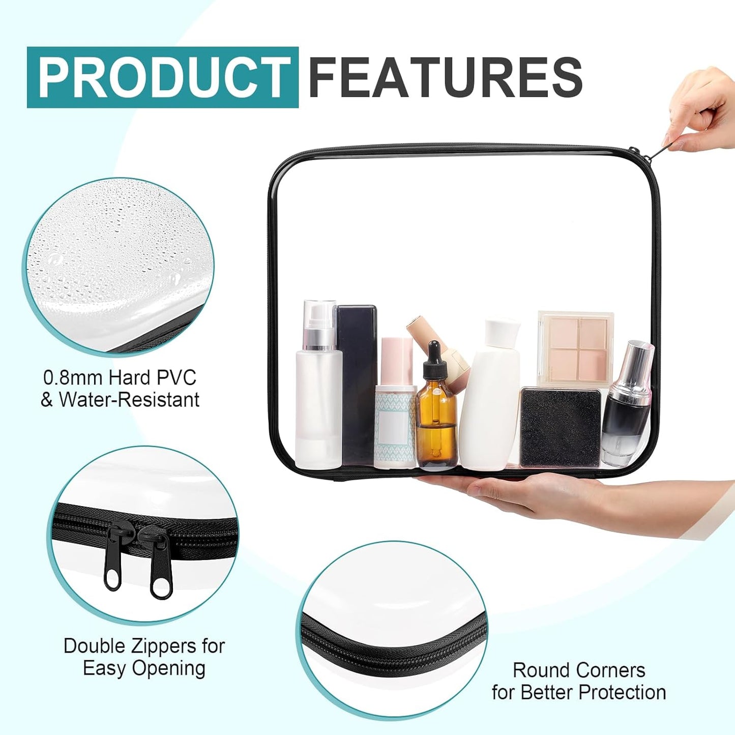 Sanwuta 6 Pcs Clear Hard Zipper Case Pencil Pouches Hard Plastic Zipper Pouches Makeup Bag Transparent Cases for Snacks Plastic Storage Organizer Box for Travel(Black,13.78 x 11.81 x 2 Inch)