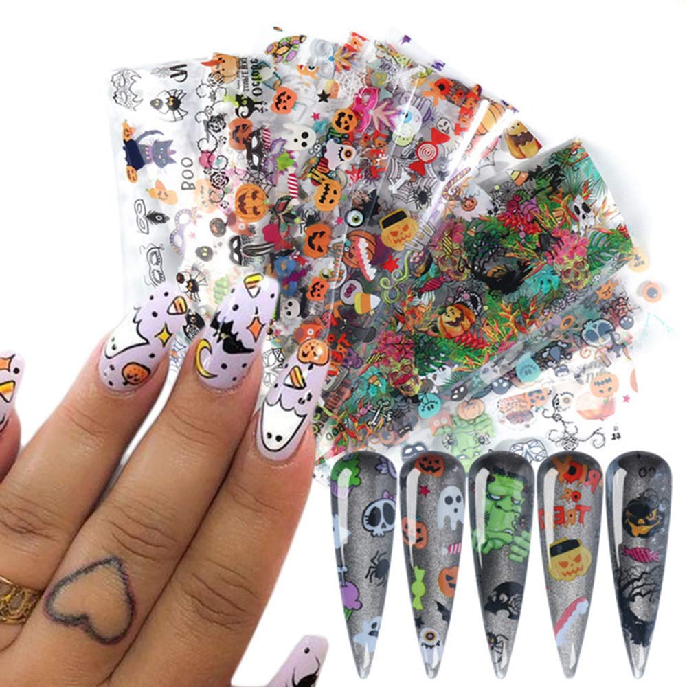 Halloween Nail Foil Sticker Set Fall Nail Art Stickers Day of The Dead Nail Art Decals Pumpkin Cat Charms Nail Decorations DIY Transfer Paper Holographic Nail Decor Wraps Accessory 10 Pcs/Pack