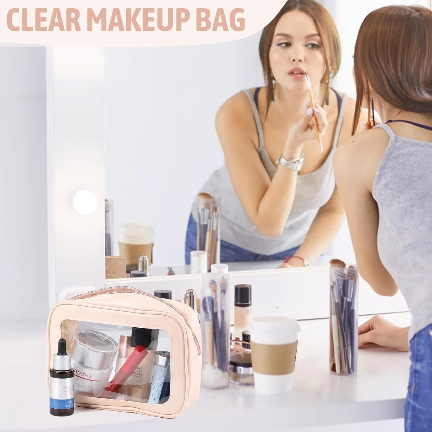 3Pack Clear Toiletry Bag,TSA Approved Travel Makeup Pouch with Zipper for Cosmetics and Toiletries，Diaper Bag Organizer Pouch Set，Women's Purse Organizer and Clear Car Bag