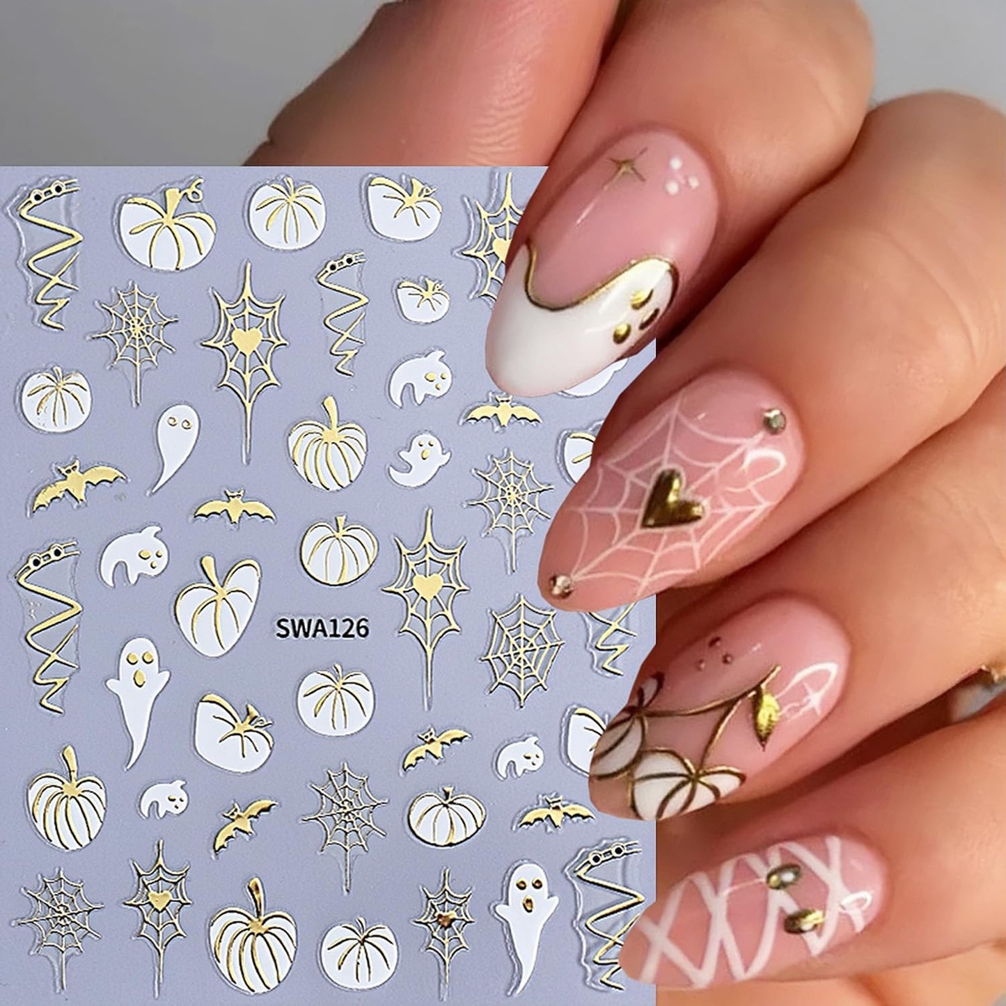 8 Sheets Fall Halloween Nail Stickers for Nail Art Pumpkins Nail Decals 3D Self-Adhesive Autumn Maple Leaf Cute Ghost Pattern Design Sticker Decoration for Women DIY Holiday Party Nails Supplies