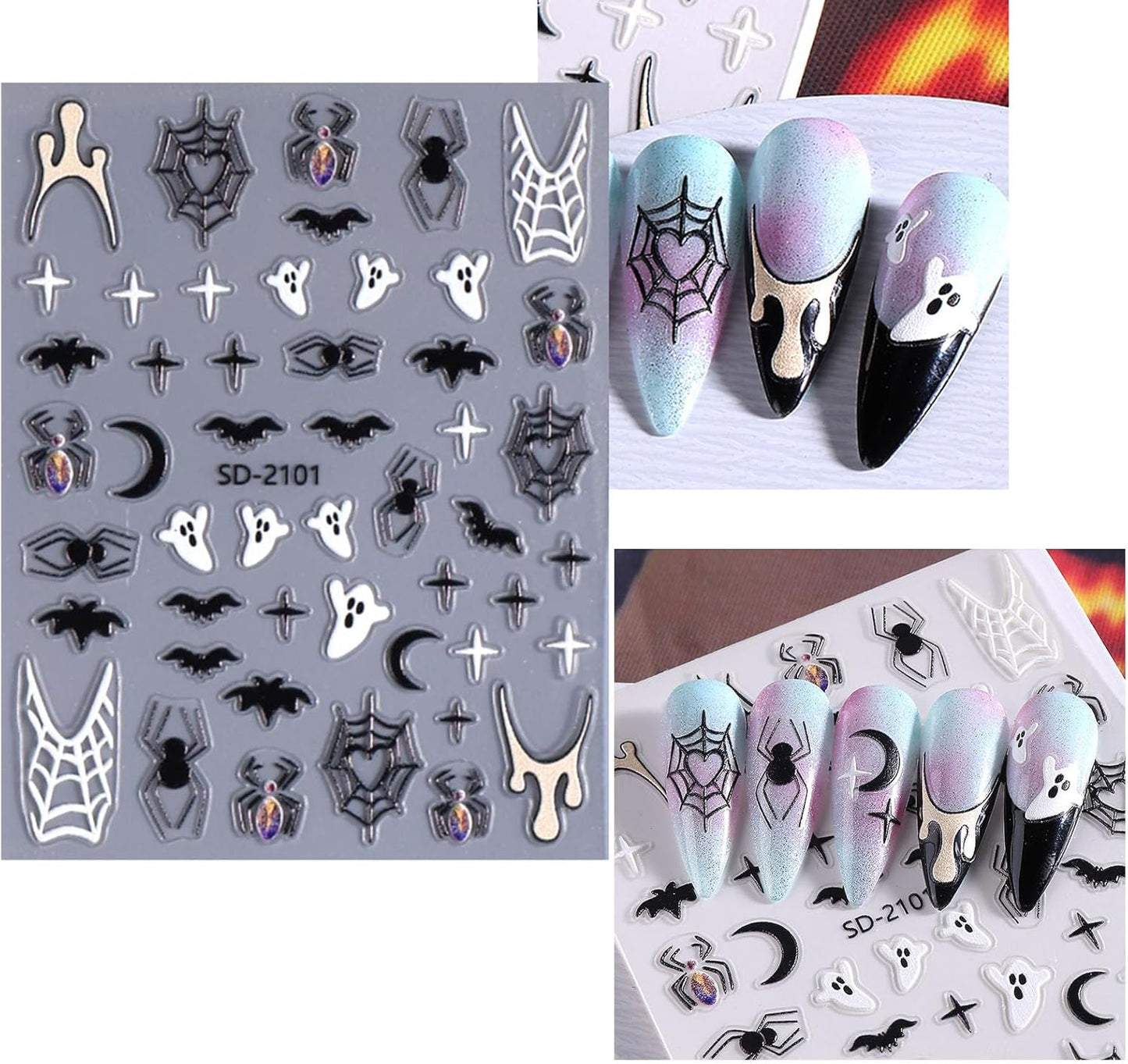 Halloween Nail Stickers Cute Ghost Nail Decals 5D Self Adhesive Pumpkin Spider Web Bat Blood Drop Stars Moon Nail Art Design Stickers for Women Girls 6 Sheets