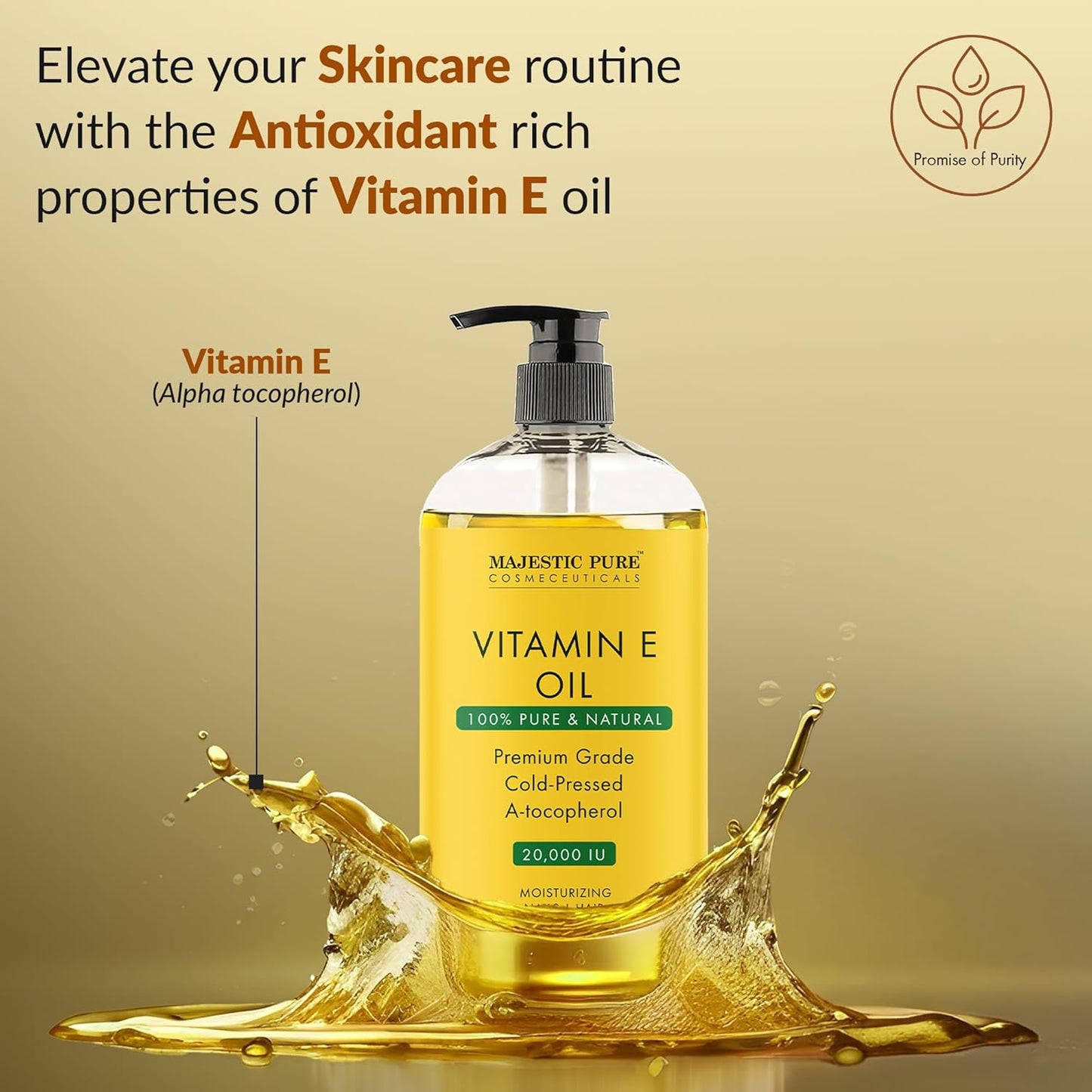 Majestic Pure Vitamin E Oil - 100% Pure & Natural, 20,000 IU | Premium Grade, Cold-Pressed and Tocopherol to Repair Dry, Damaged Skin | Moisturizing Skin, Hair and Scalp 8 Fl Oz