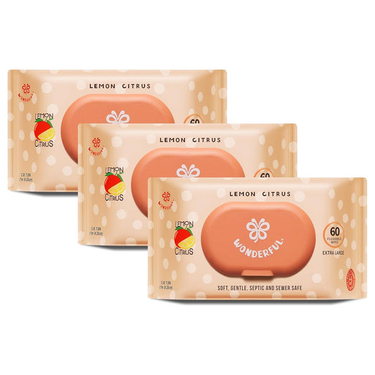 WONDERFUL Flushable Butt Wipes, Lemon Citrus 100% Plant-Based Wet Wipes for Adults & Kids; Sewer, Septic Safe; Gentle for Sensitive Skin, Wipes Flushable Pack for Bathroom & Travel, 3-Pack (180 Wipes)