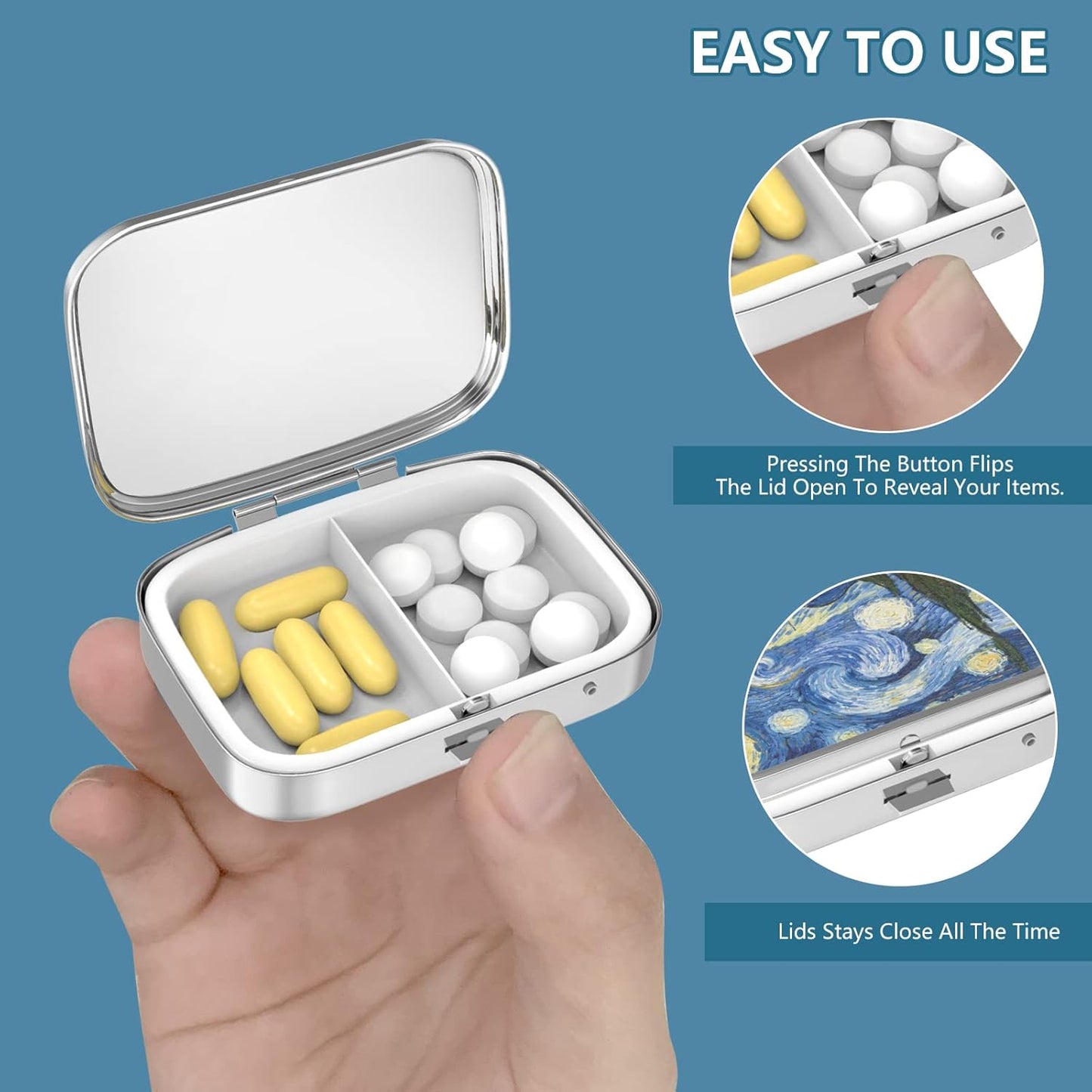 Pill Box 2 Compartment Small Pill Case,Portable for Pocket or Purse Pill Organizer Pill Container Holder to Hold Vitamins, Medication, Fish Oil and Supplements(4PCS)