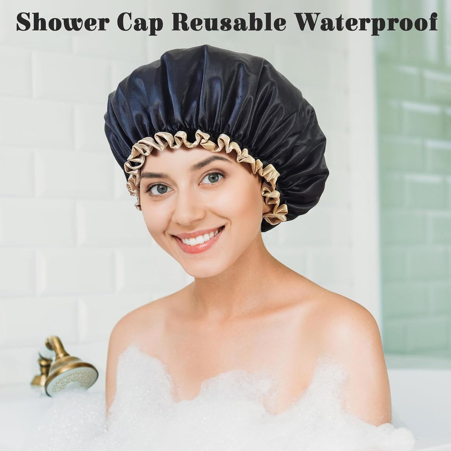 Shower Cap Reusable Waterproof, Large Shower Cap for Women, Shower Caps for Braids Long Hair, Double Layer Satin Plastic Hair Cap for Shower
