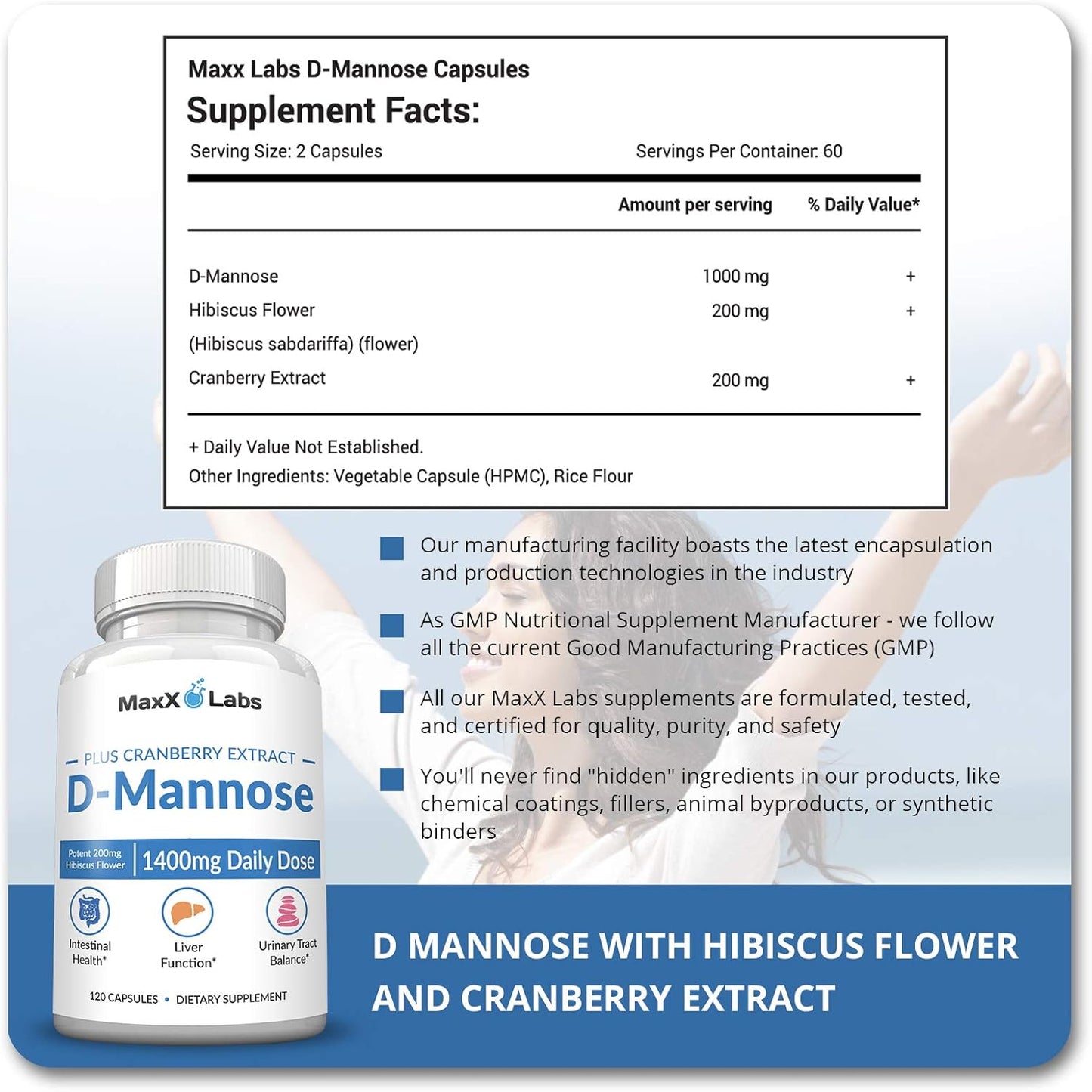 D Mannose Capsules - Fast Acting 1400 MG Extra Strength DMannose Capsule for Bladder Health with Potent Cranberry Extract & Hibiscus Flower Supports UTI Relief Supplement - 120 Ct