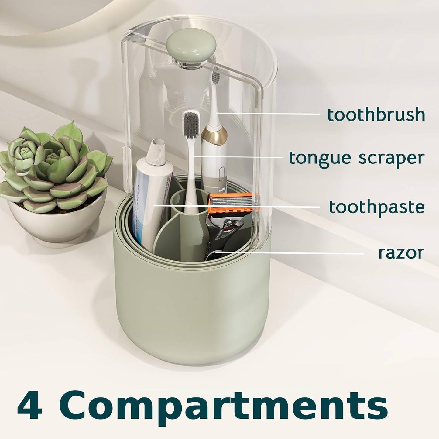 Toothbrush Holder with Cover 360 Rotating 4 Compartments Bathroom Toothpaste Electric Toothbrush Organizer, Light Green