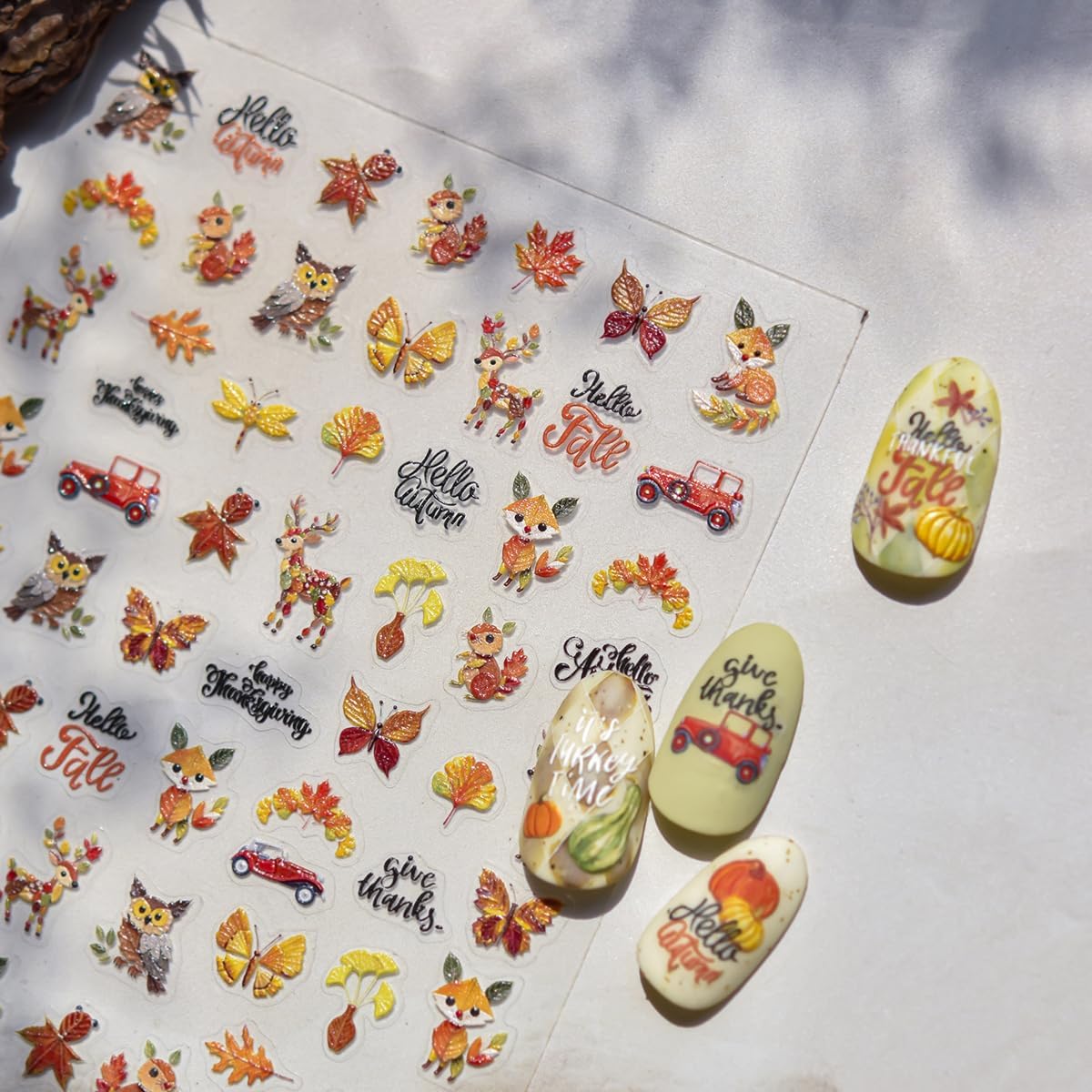Thanksgiving Day Nail Stickers for Nail Art Fall Nail Sticker 5D Embossed Self-Adhesive Shiny Autumn Leaves Fox Deer Owl Nails Decals Holiday Maple Leaf Manicure Decoration for Salon Nails 1Sheet