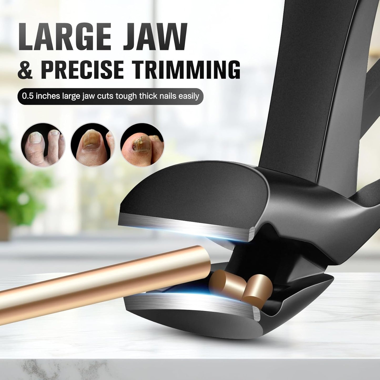 FERYES Angled Head Long Handled Toenail Clipper for Seniors - Large Wide Jaw Nail Clipper with Catcher for Thick Nails - Easier Trimming, Ergonomic Design (Black