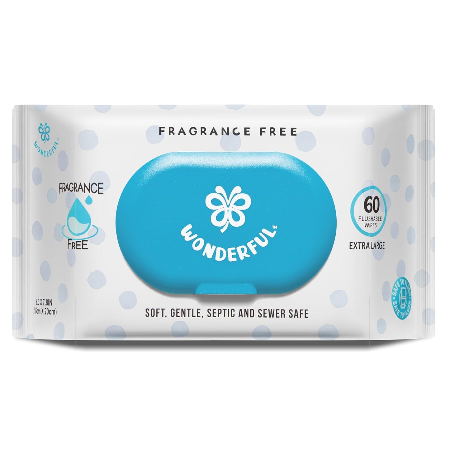 WONDERFUL Flushable Butt Wipes, Unscented 100% Plant-Based Wet Wipes for Adults & Kids, Sewer & Septic Safe, Gentle for Sensitive Skin, Wipes Flushable Pack for Bathroom & Travel, 1-Pack (60 Wipes)