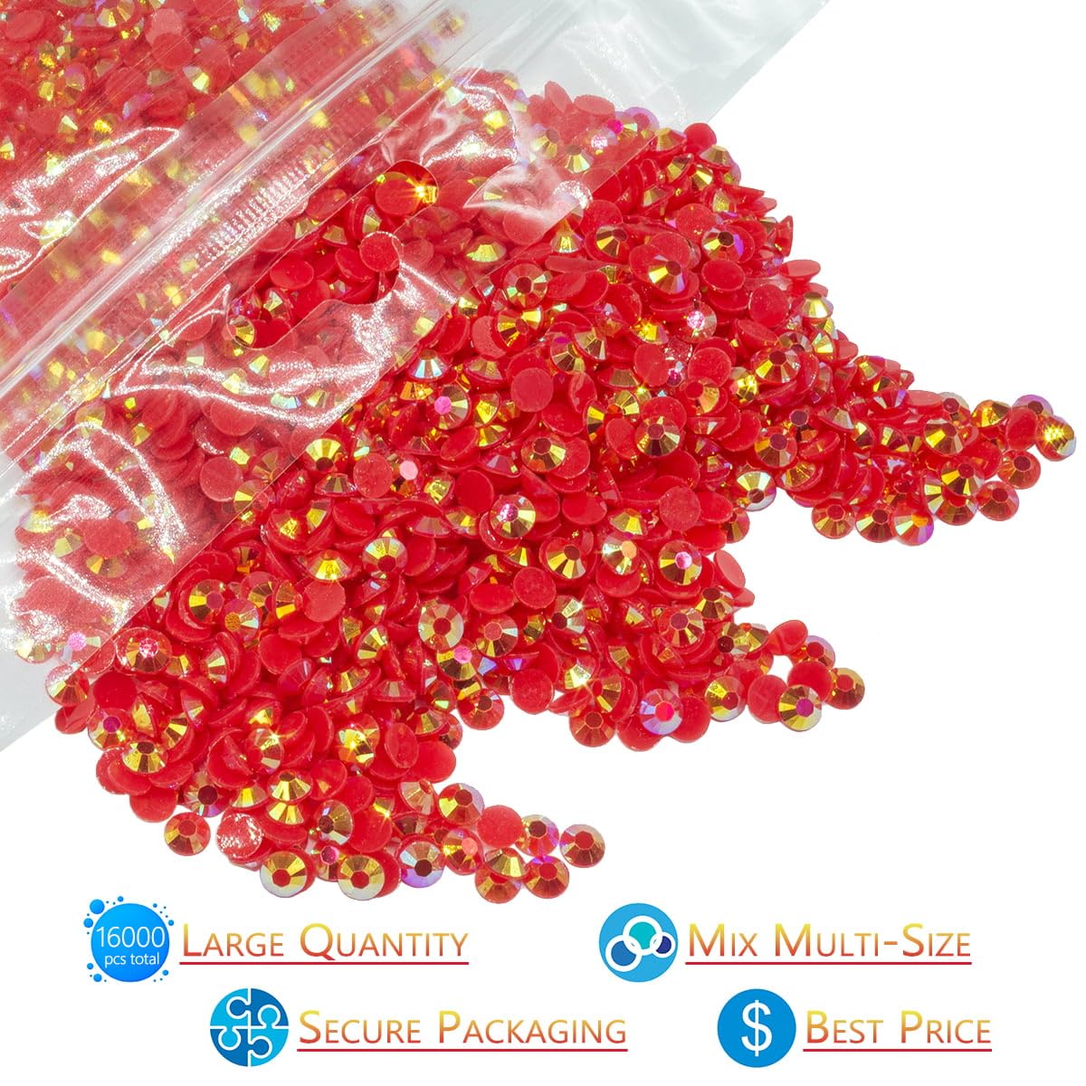 16000PCS Red AB Resin Rhinestones for Crafting 3mm 4mm 5mm Flatback Jelly Stones Bulk SS10 SS16 SS20 Diamonds Crystals Gems Charms for Face Eyes Makeup Mugs Tumblers Bottles DIY Crafts Clothes Shoes