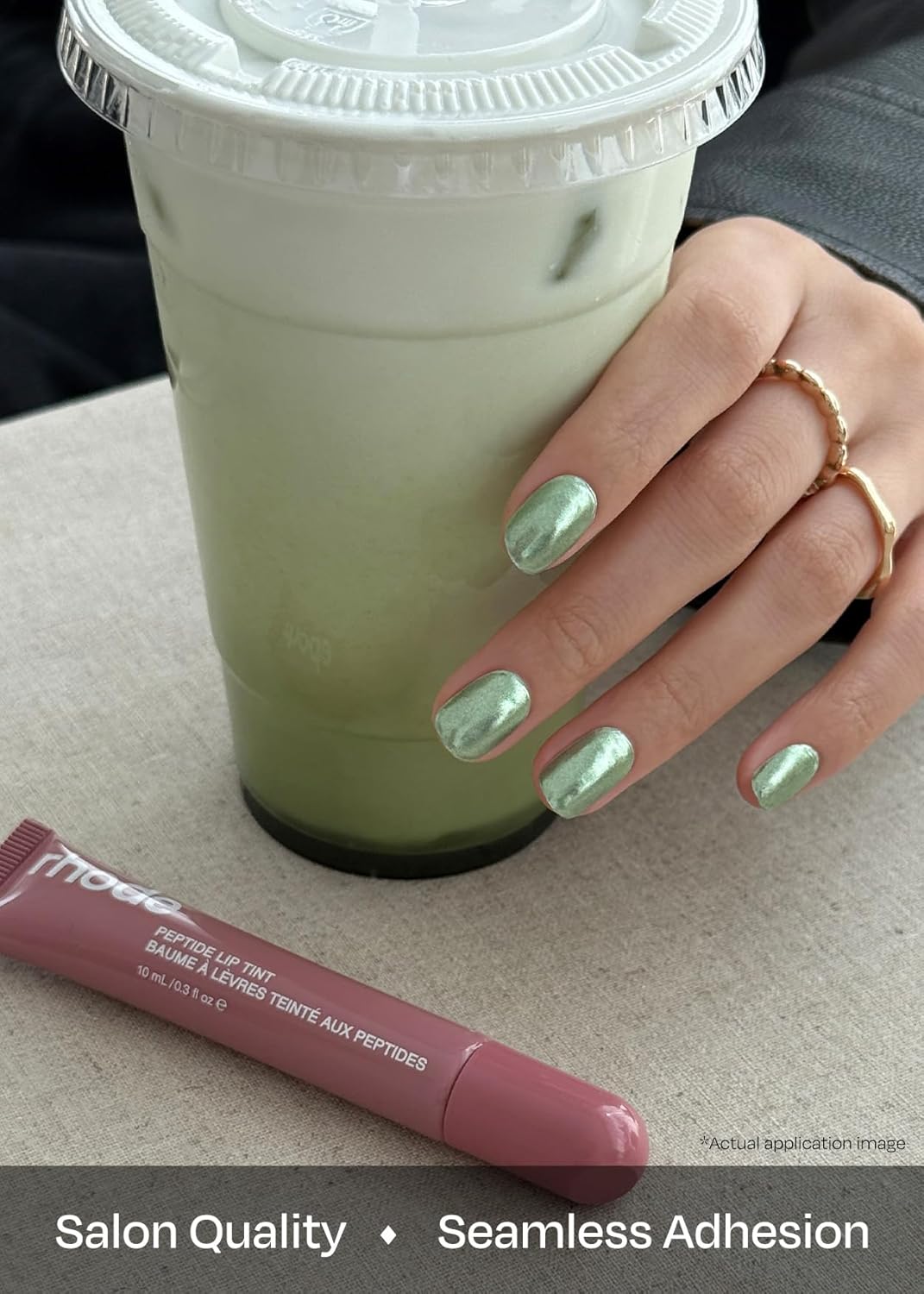 ohora Semi Cured Gel Nail Strips (N Matcha Chrome) - Works with Any Lamps, Salon-Quality, Long Lasting, Easy to Apply & Remove - Includes 2 Prep Pads, Nail File & Wooden Stick