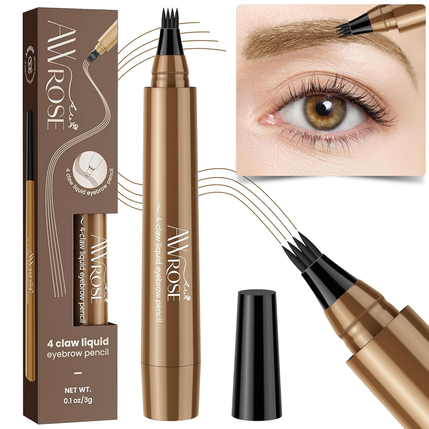 AWROSE Eyebrow Pencil, 3D Waterproof Microblading Eyebrow Pen 4 Fork Tip Tattoo Pencil, Precise Natural Magic Eye Brow Pen with Hair Like Strokes, 4 Points Multi-Used Eye Brow Pencils for Women/Men