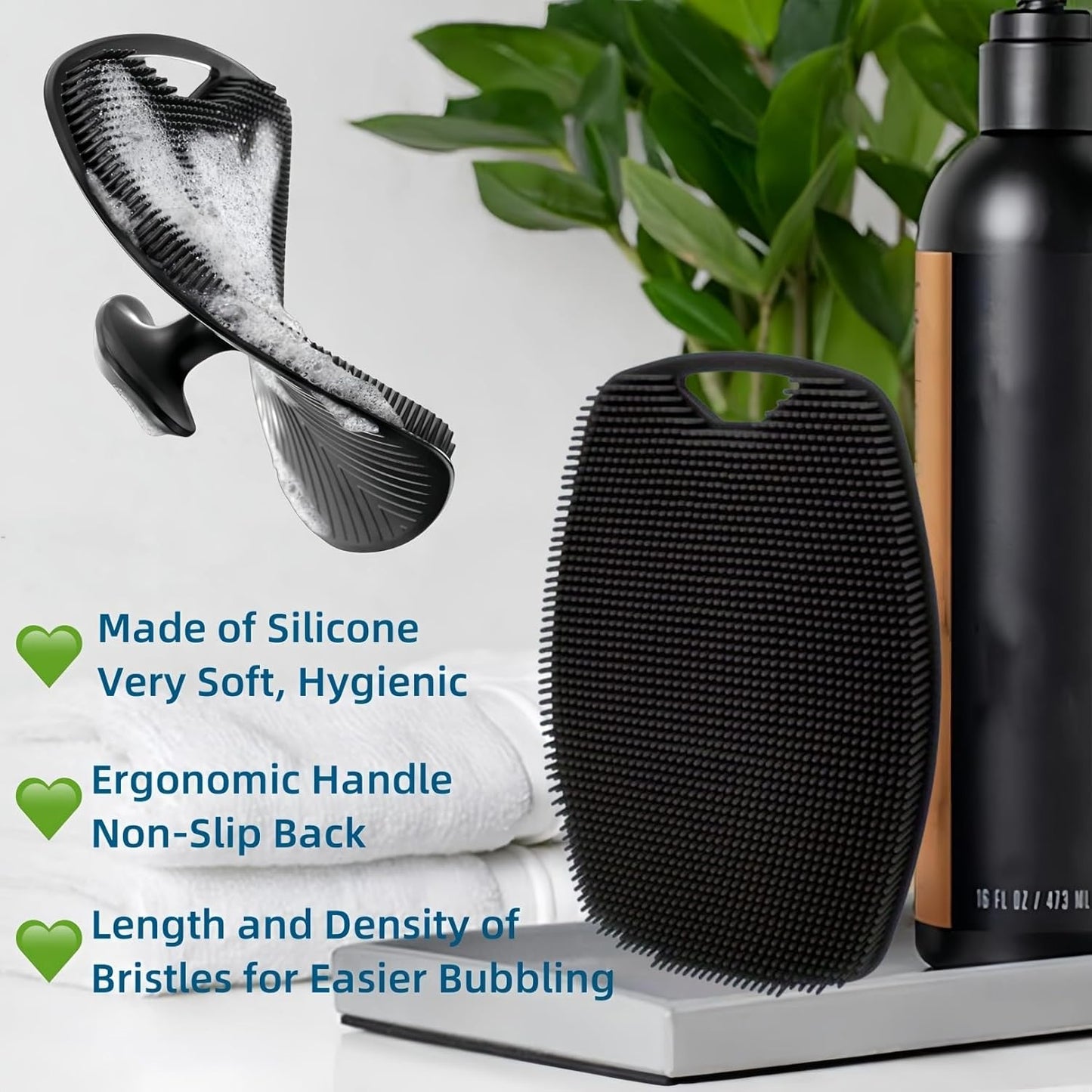 2 Pack Food-Grade Silicone Body Scrubber, Highly Elastic Bristles Handheld Brush for Shower, Lather Well and Gentle Exfoliating, Makes Skin Smooth, for Women and Men, Black and Gray