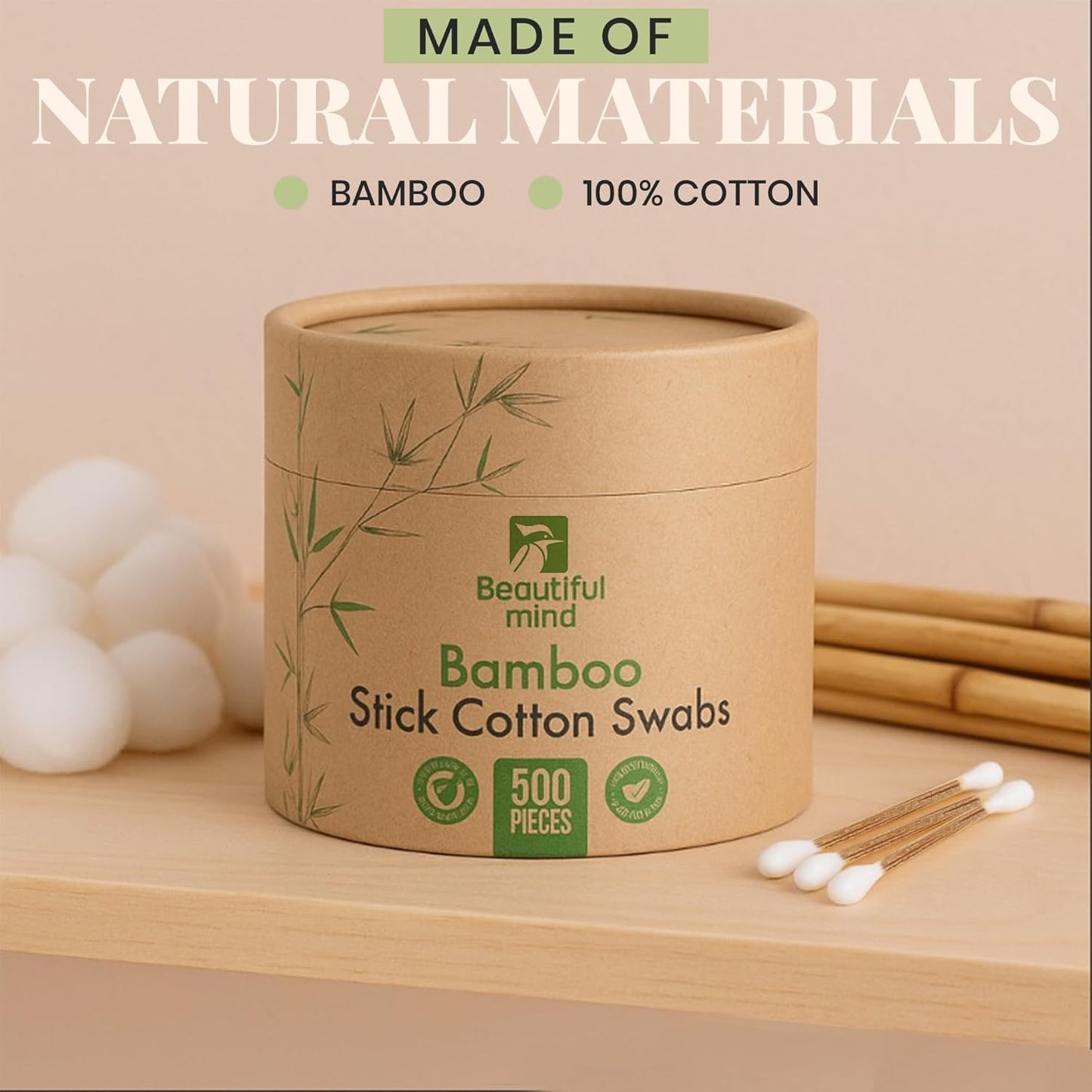 Natural Bamboo Cotton Swabs for Ears – 500 Pack – Qtips with Carbonized Bamboo for Durability – Eco-Friendly, Biodegradable & Vegan – 100% Cotton Ear Swabs for Makeup (Cylinder Box)