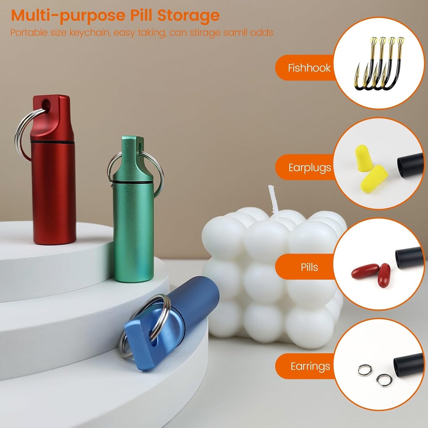 Small Pill Organizer Box Waterproof Keychain Pill Holder Portable Travel Pill Container Metal Case with Keyring for Outdoor Camping Travel