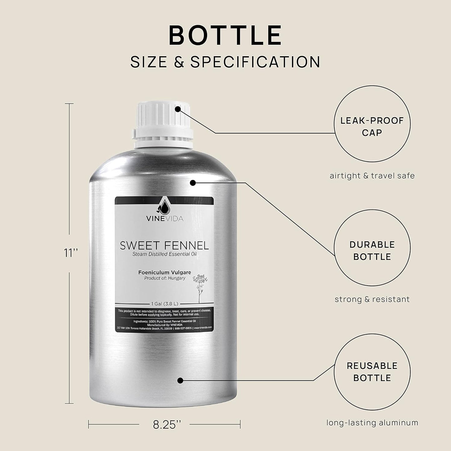 VINEVIDA Fennel Essential Oil - Gallon Fennel Oil Undiluted - Bulk Gallon Essential Oil for Soap Making Safe for Skin - DIY Candle Scents for Candlemaking Scents - 8 lbs Fennel Oil 3948.87 ml