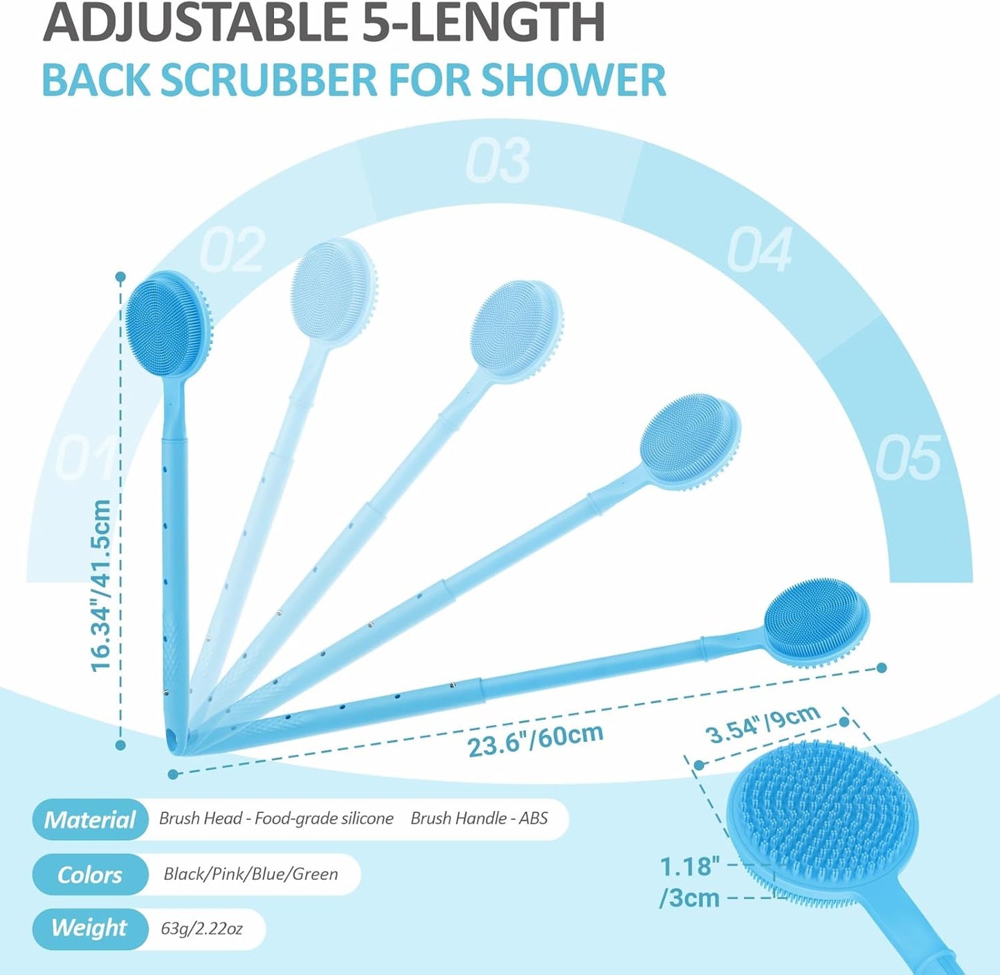 Adjustable Silicone Back Scrubber for Shower, 16''- 24'' Extendable Shower Back Scrubber for Rich Foam, 5-Length Back Brush Bath Brush with Dual-Side Head and Super-Lathering Bristles(Blue)
