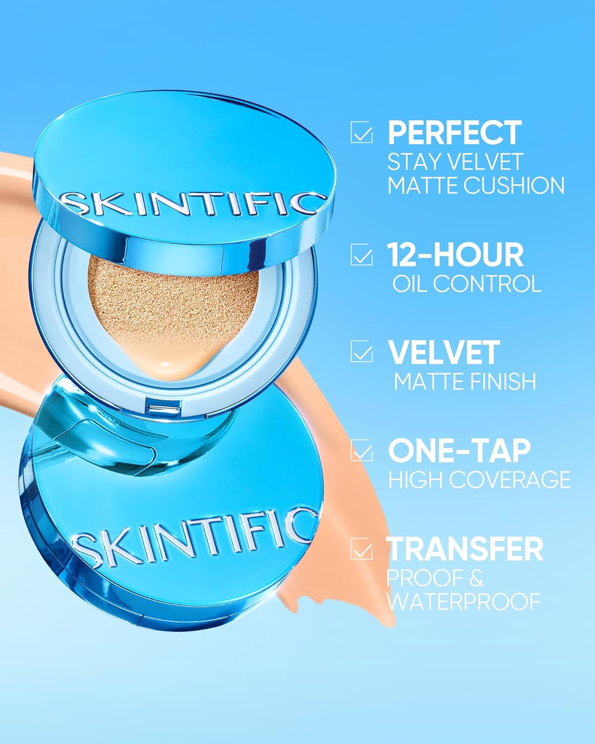 Velvet Matte Cushion Foundation Blue Ultra Cover Powder Foundation, 12h Oil-Control, Lightweight, Long-Lasting, Waterproof Korean Cushion Makeup (02 Ivory)