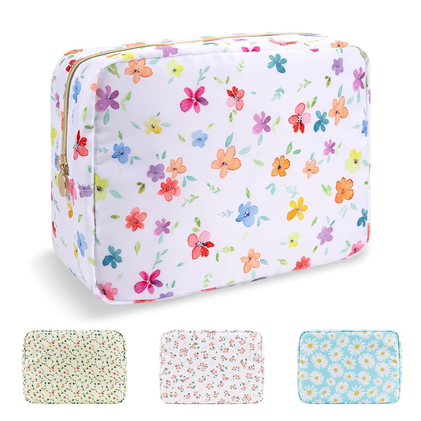 Waterproof Large Floral Makeup Pouch,Nylon Travel Toiletry Storage Purse Preppy Cosmetic Bag for Women Girl,Large Capacity Makeup Organizer Zipper Pouch for Work(L Colorful-Flowers)