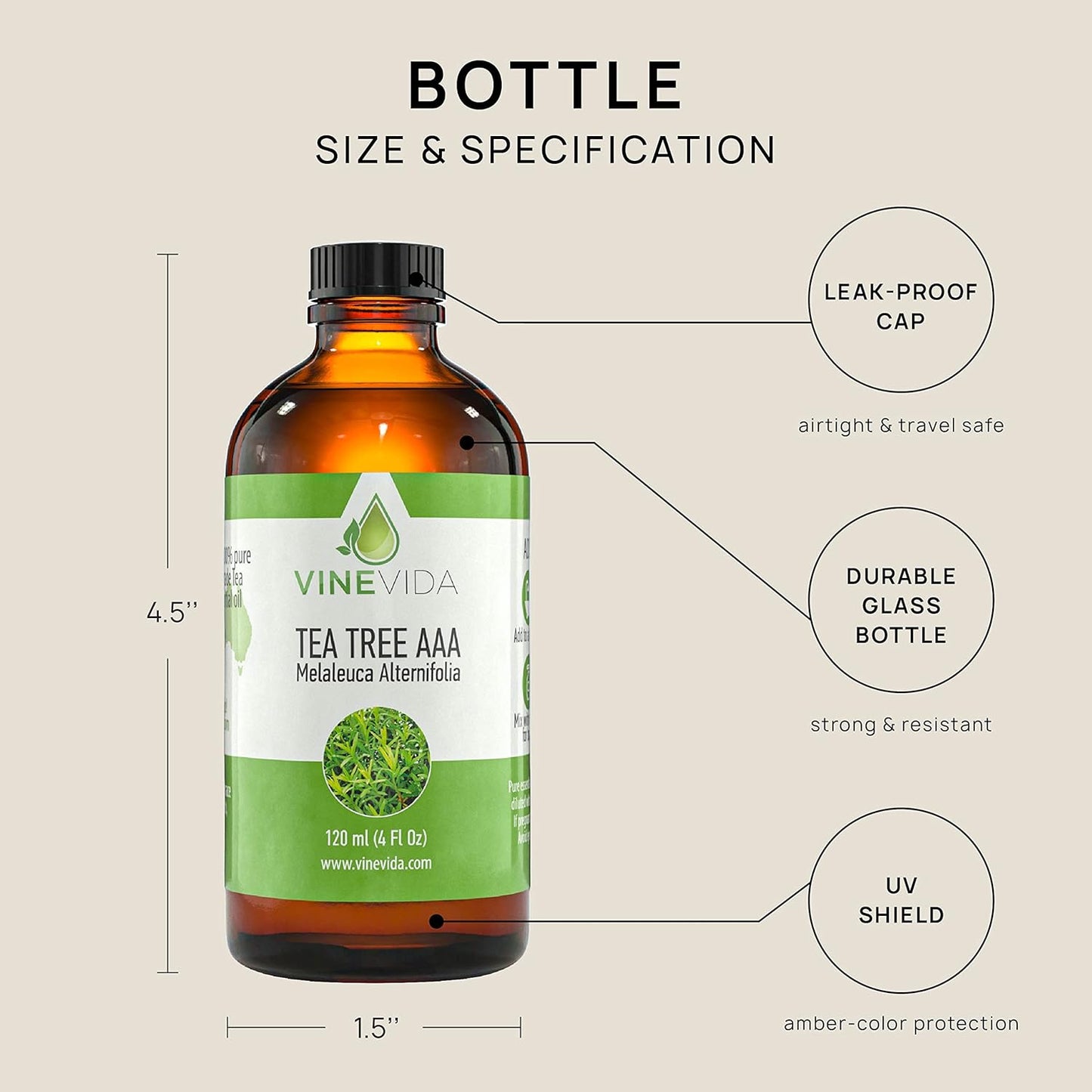 VINEVIDA Tea Tree Essential Oil 4 oz - Undiluted Candle Scent DIY Scents for Candlemaking Bulk Soap Making Safe Skin, 120.0 milliliters