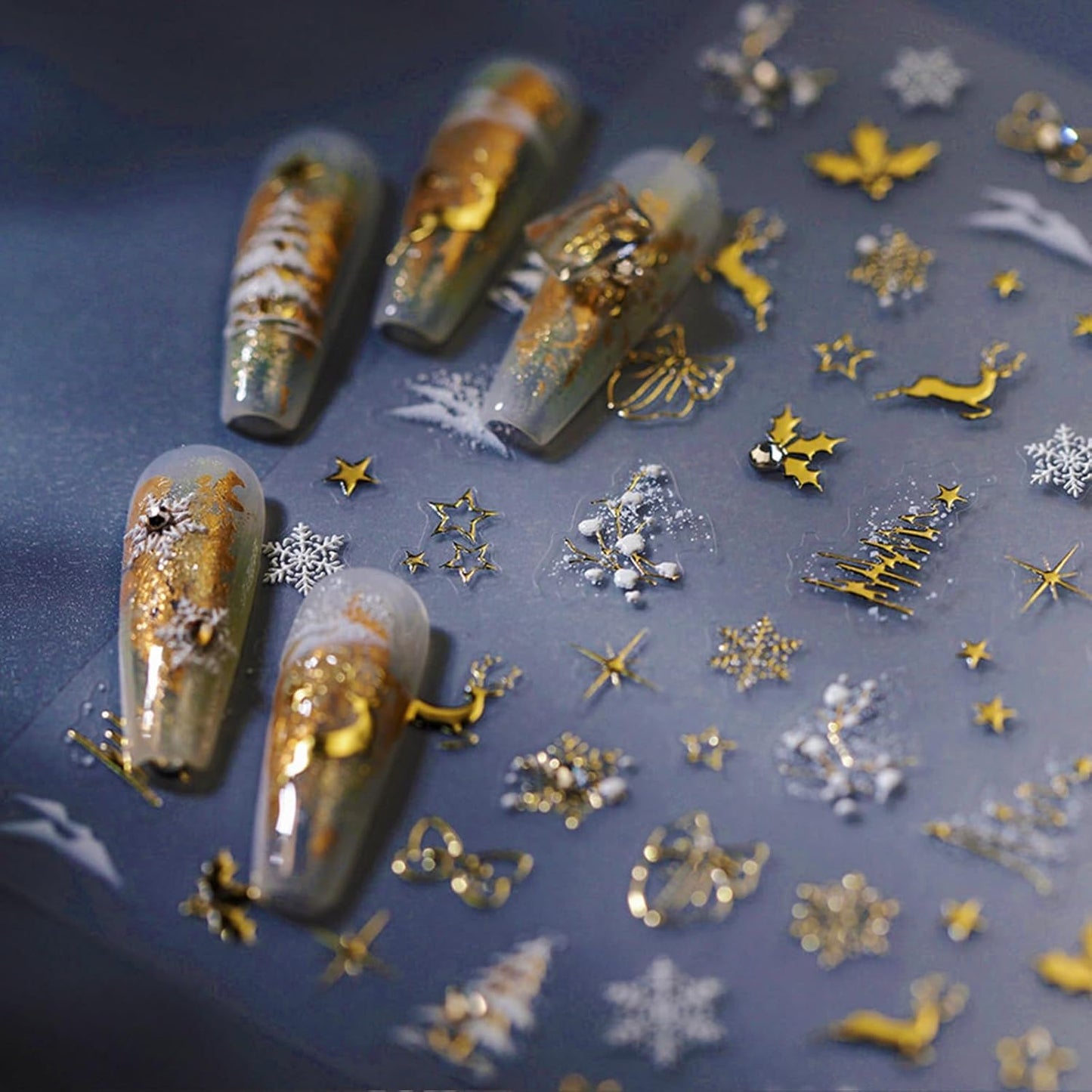 Christmas Nail Stickers for Nail Art Glitter Gold Reindeer Christmas Tree Nail Art Stickers Winter Xmas 5D Embossed Nail Decals 3D Self-Adhesive Nails Supply Manicure Sliders for Nails Decoration