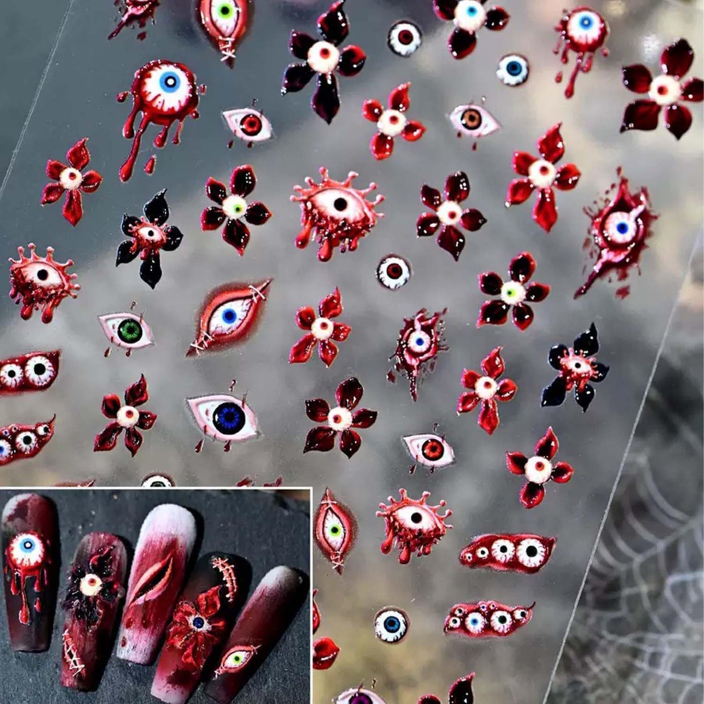 Halloween Nail Sticker 5D Embossed Self-Adhesive Nail Art Stickers Horror Nail Art Decals with Eye Flower Design Nail Decals Supplies for Women Girls Manicure Accessories Decoration