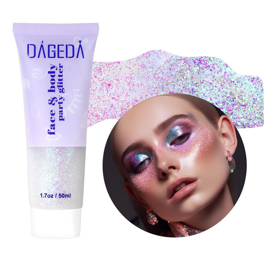 DAGEDA Body Glitter Gel, Holographic Face Glitters Body Gel Shimmer Liquid Eyeshadow, Color Changing Glitter for Face Hair Nails, Glitter Under Light Festival Glitter Makeup 1.7oz (Neno Pink)